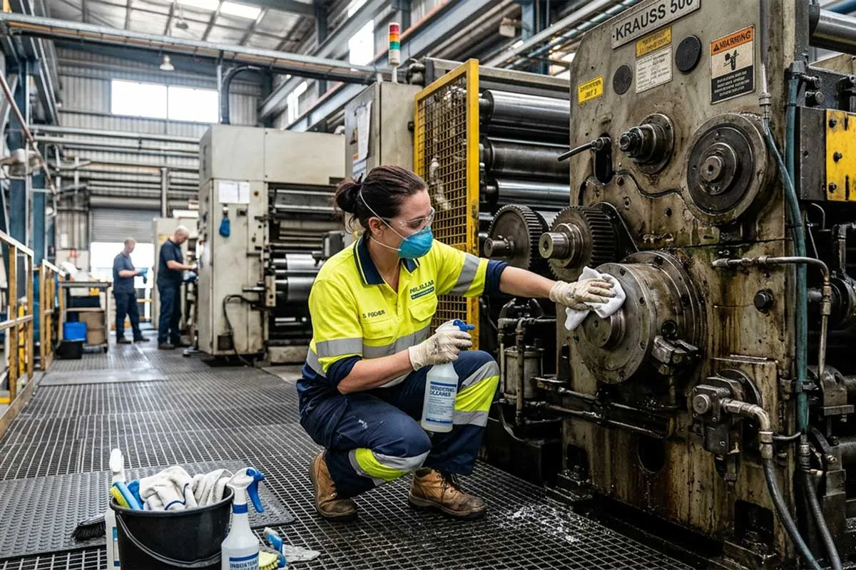 Mitarbeiterin reinigt eine Industriehalle